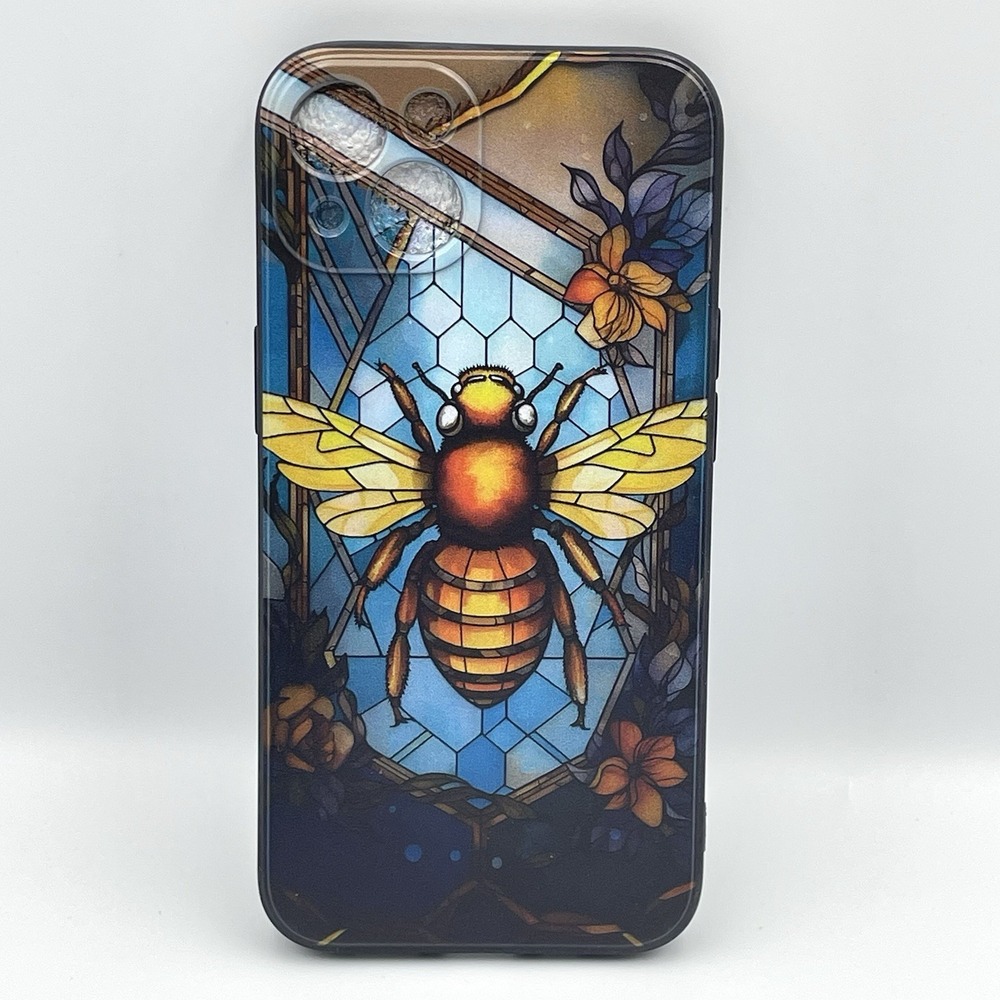 New iPhone 13 Bee Honeycomb Phone Case Stained Glass Style Black Edge